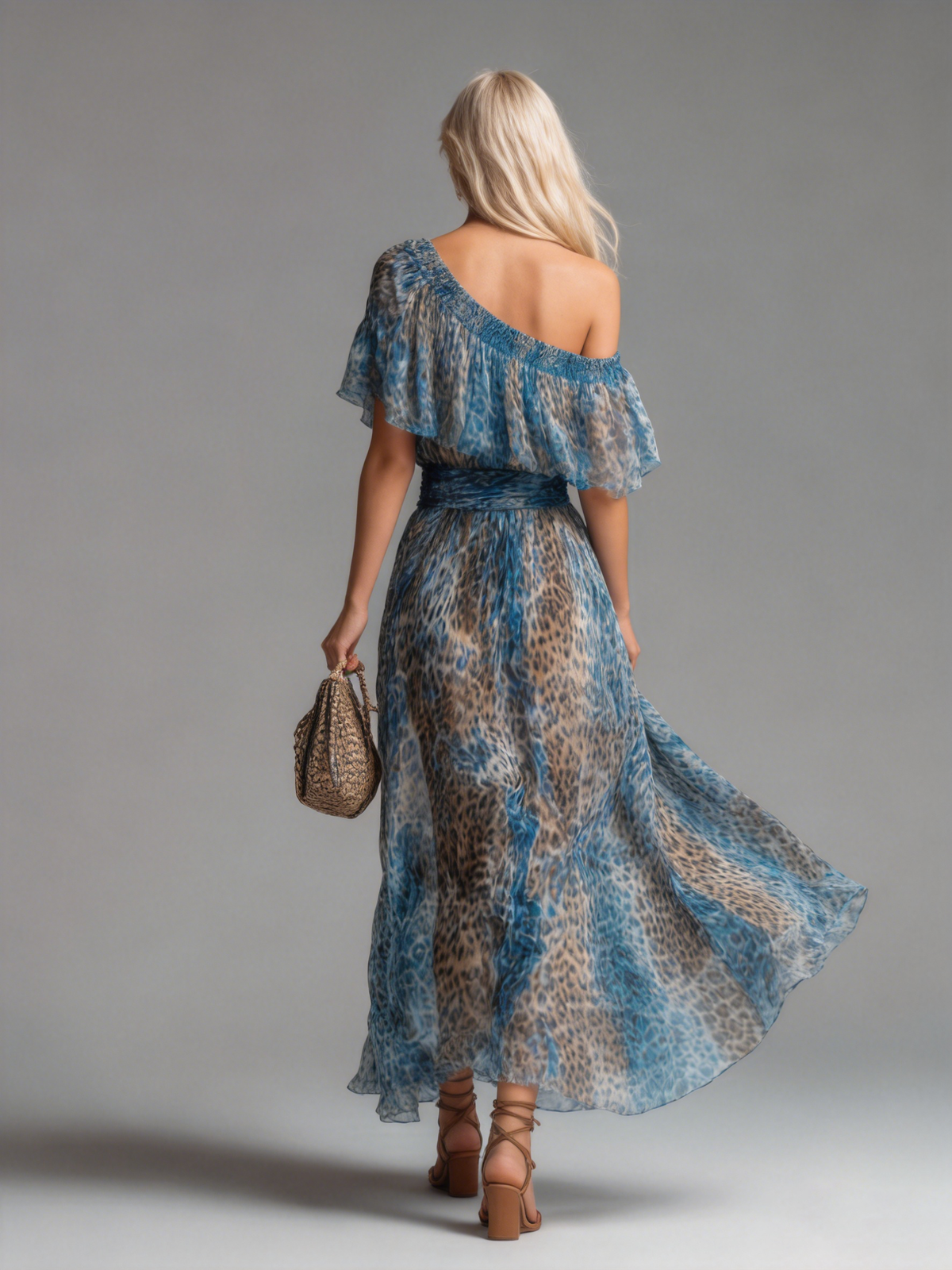 Wild - Long chiffon dress with leopard print and bare shoulders | The Bellemont Sisters Australia