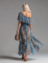 Wild - Long chiffon dress with leopard print and bare shoulders | The Bellemont Sisters Australia
