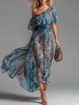 Wild - Long chiffon dress with leopard print and bare shoulders – Blue | The Bellemont Sisters Australia