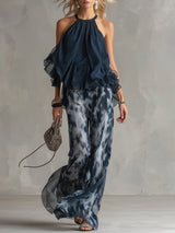 Ludovica | Stylish Navy Halter Top and Wide-Leg Printed Set – Navy blue | The Bellemont Sisters Australia