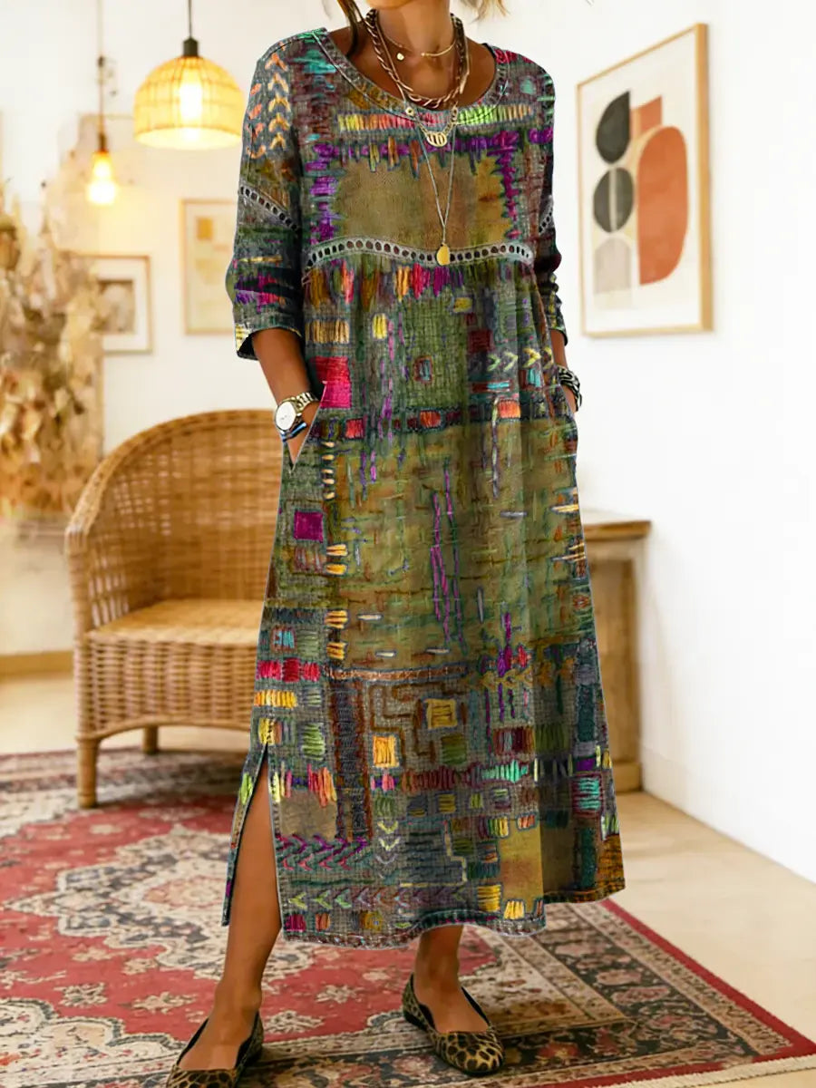 Manuela | Printed Dress with Ethnic Patchwork – Military Green | The Bellemont Sisters Australia