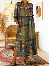 Manuela | Printed Dress with Ethnic Patchwork – Military Green | The Bellemont Sisters Australia