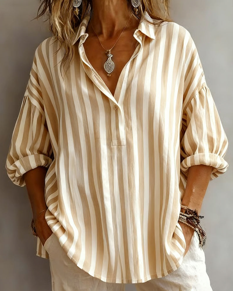 Deborah | Wide Striped Blouse with Collar – Khaki | The Bellemont Sisters Australia