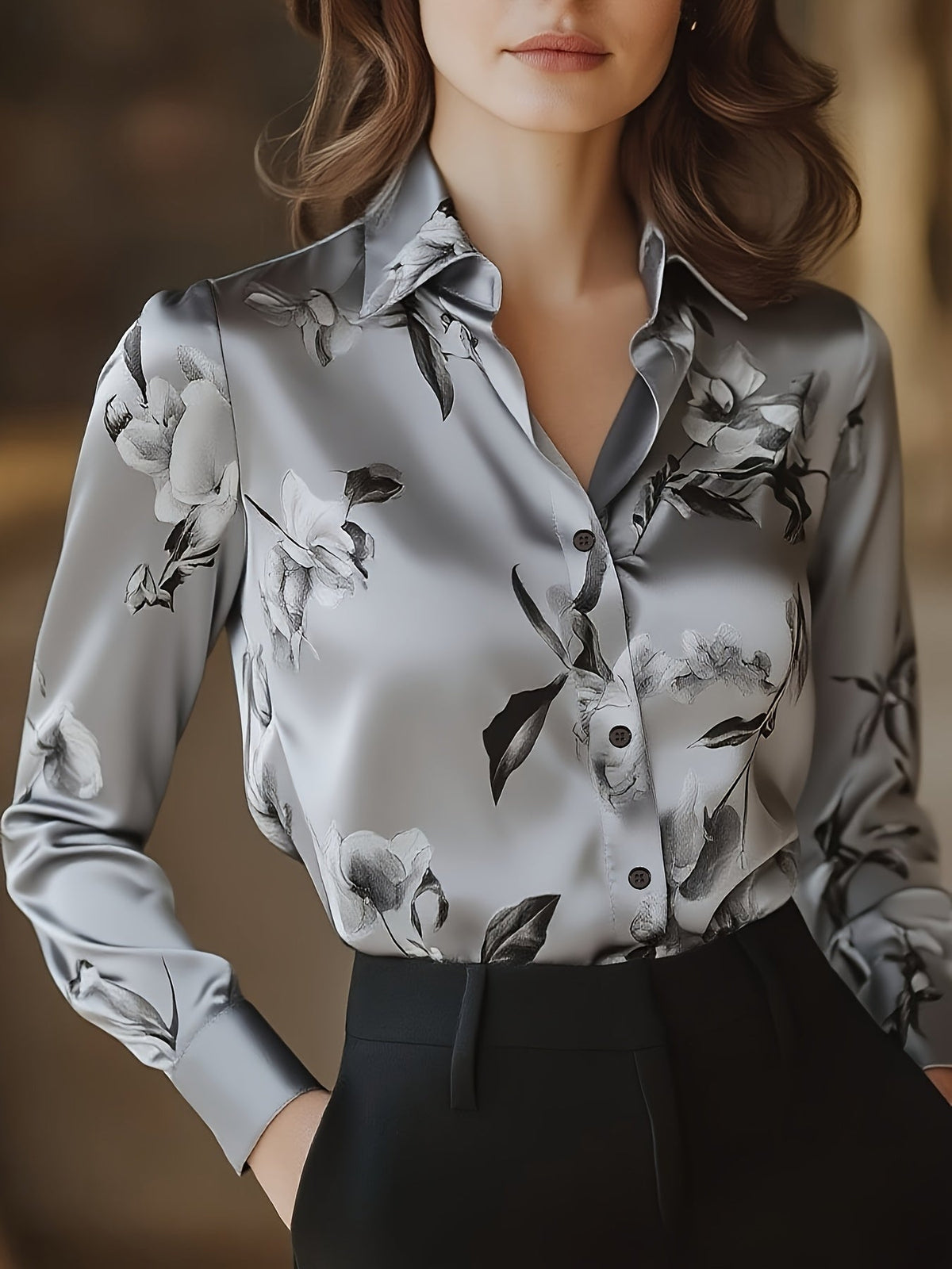 Monique™ Elegant Satin Blouse – Gray | The Bellemont Sisters Australia