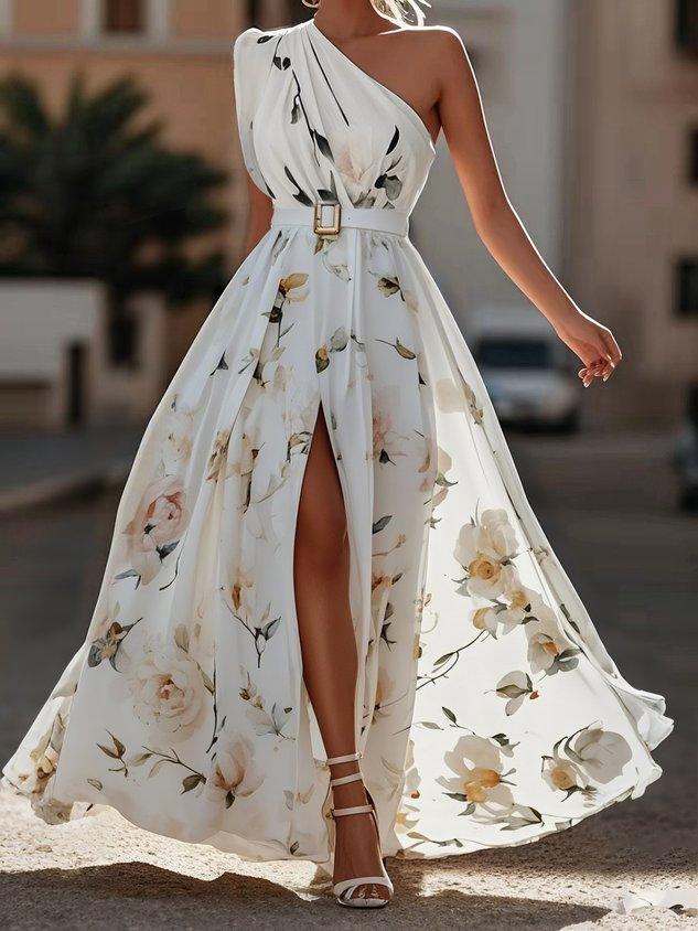 Light Green Floral Ruched One Shoulder A-Line Maxi Chiffon Dress – White | The Bellemont Sisters Australia