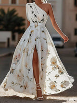 Light Green Floral Ruched One Shoulder A-Line Maxi Chiffon Dress – White | The Bellemont Sisters Australia