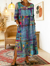 Manuela | Printed Dress with Ethnic Patchwork – Blue | The Bellemont Sisters Australia