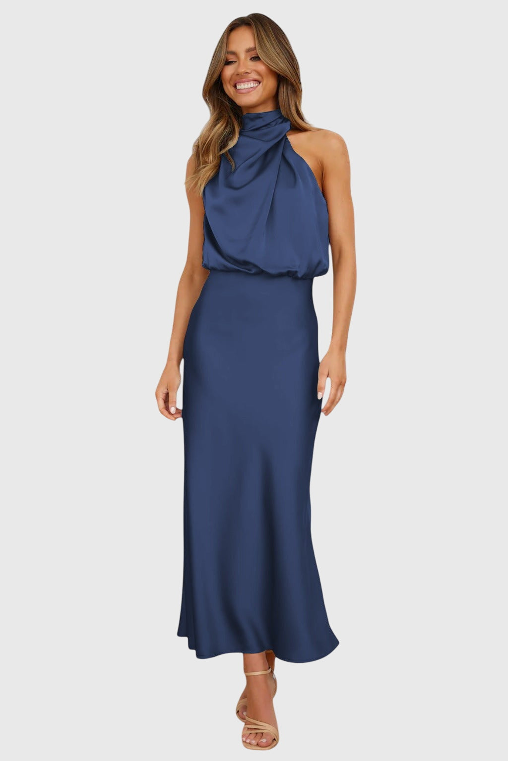 Ava | Glamorous Satin Halter Dress – Navy Blue | The Bellemont Sisters Australia