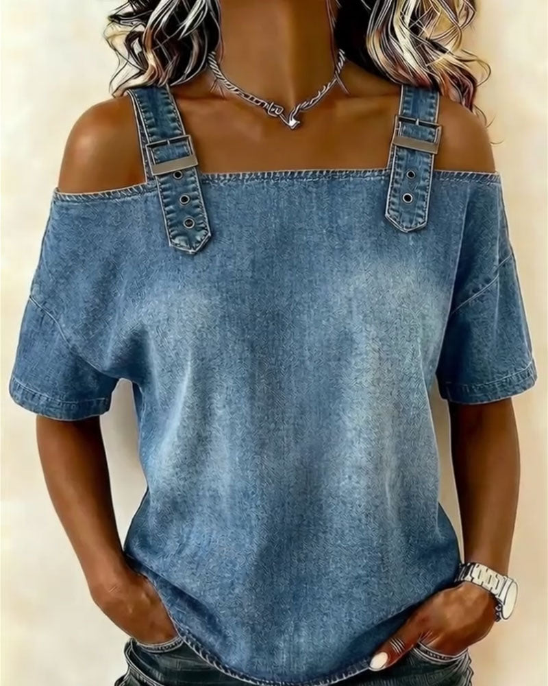 Patricia | Off-Shoulder Denim Shirt – Blue | The Bellemont Sisters Australia