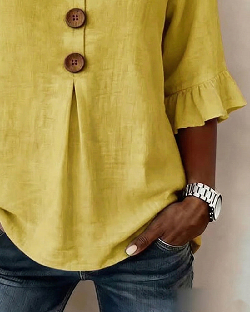Janet | V-Neck Blouse with Wooden Buttons and Ruffled Sleeves | The Bellemont Sisters Australia