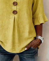 Janet | V-Neck Blouse with Wooden Buttons and Ruffled Sleeves | The Bellemont Sisters Australia
