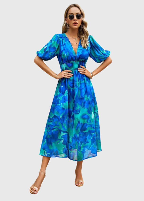 Merlin | Flattering Floral Midi Dress – Blue | The Bellemont Sisters Australia