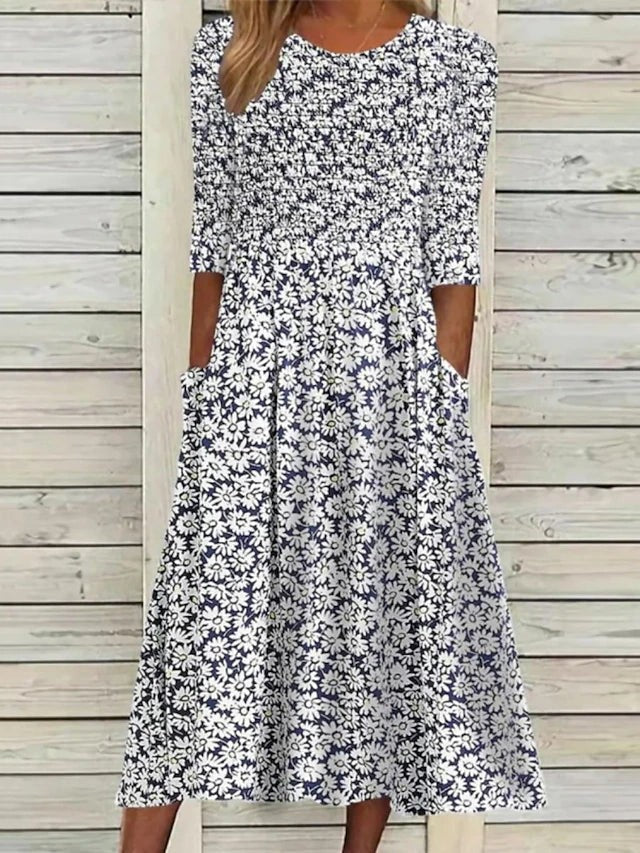 JOYCE | ELEGANT FLORAL TUMMY-COVERAGE MIDI DRESS – White and Blue | The Bellemont Sisters Australia