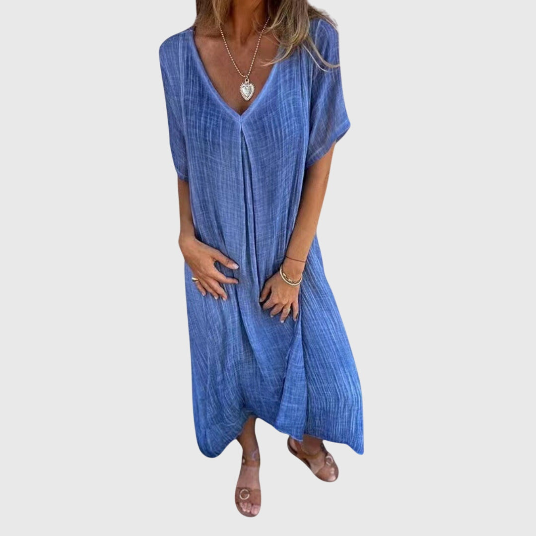 Fiona – Elegant Lightweight V-Neck Dress – Blue | The Bellemont Sisters Australia