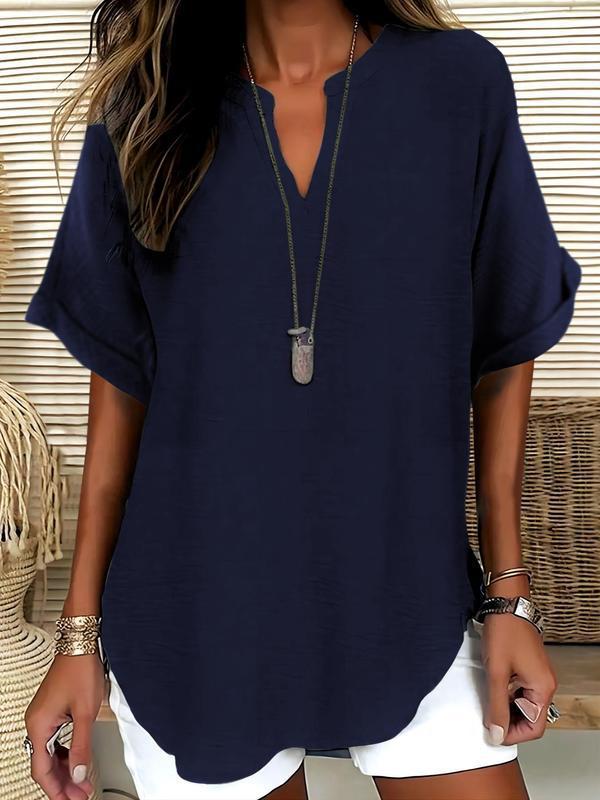 Atasia - Soft-Touch Notched-Neck Blouse – Navy Blue | The Bellemont Sisters Australia
