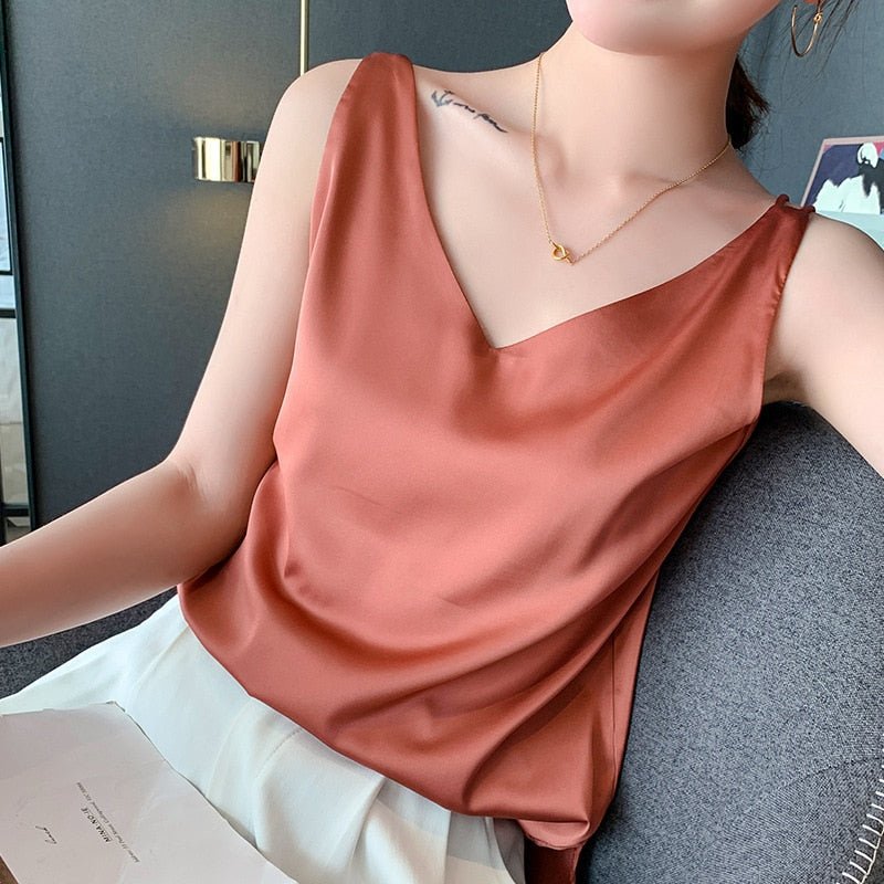Lily | Women’s Classic Relaxed Fit Draped Satin Tanks – Orange | The Bellemont Sisters Australia