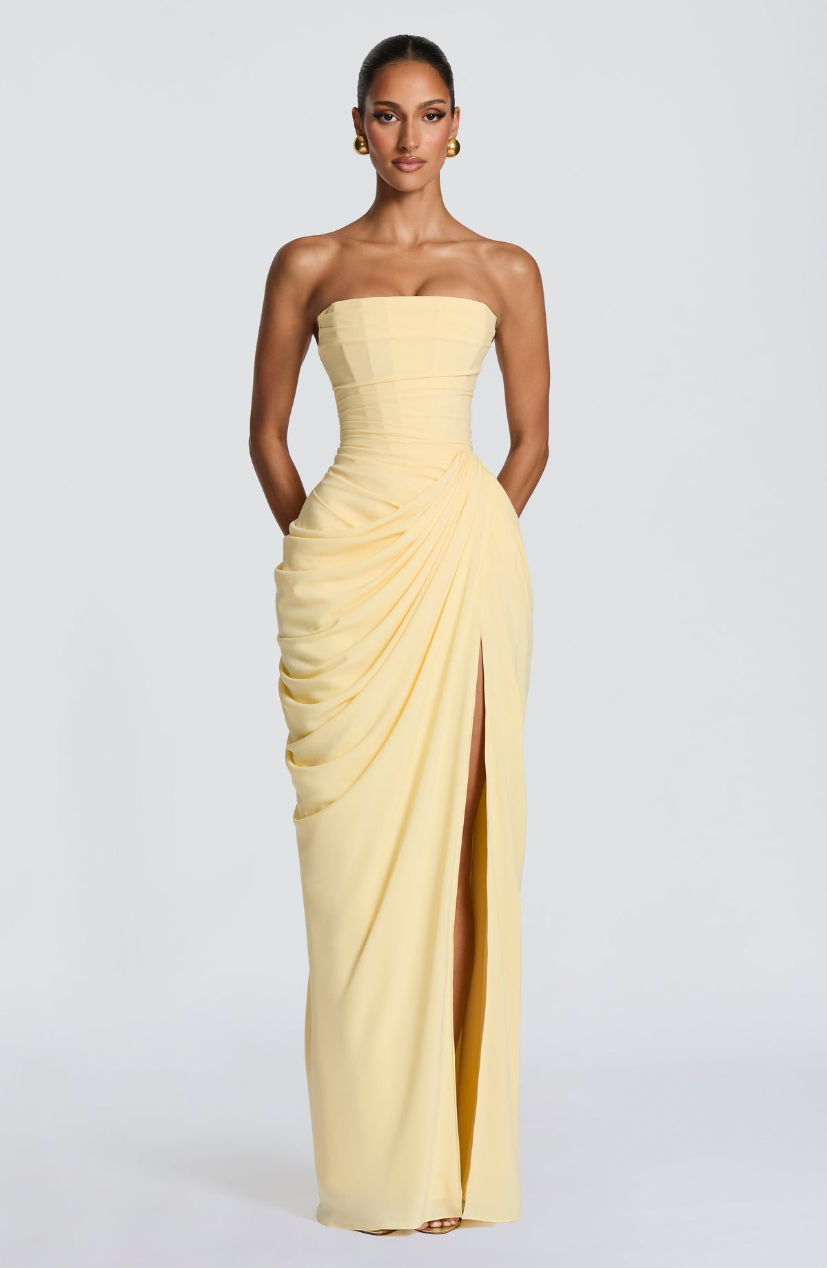 Vivienne | Elegant Draped Maxi Gown with Slit | The Bellemont Sisters Australia
