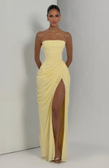 Vivienne | Elegant Draped Maxi Gown with Slit | The Bellemont Sisters Australia