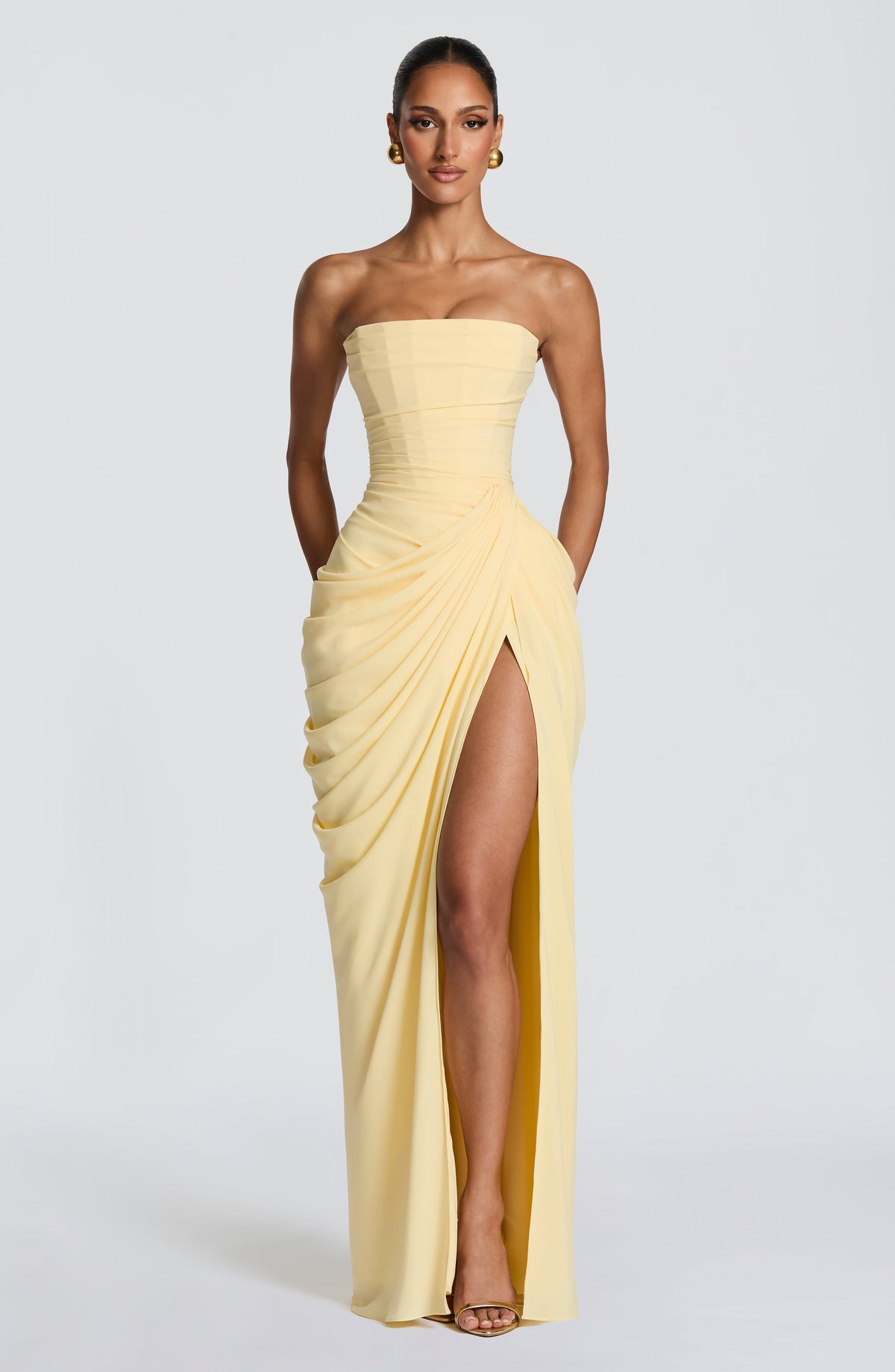 Vivienne | Elegant Draped Maxi Gown with Slit – Yellow | The Bellemont Sisters Australia