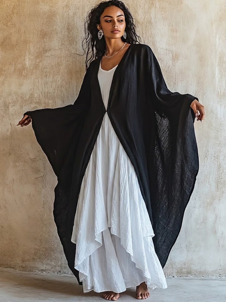 Loose And Comfortable Linen-cotton Two-piece Set: Cardigan And Sleeveless Dress – Black | The Bellemont Sisters Australia