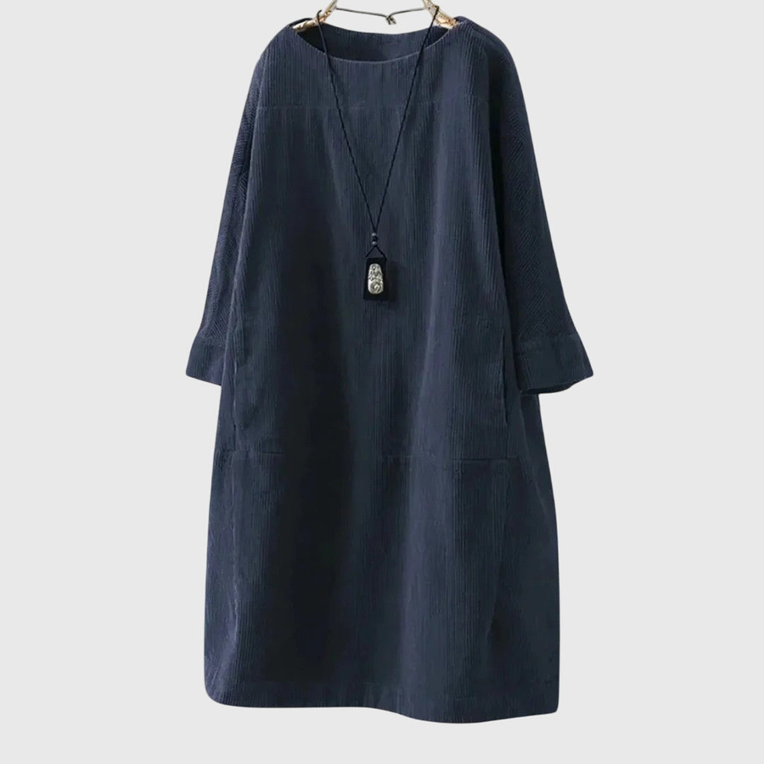 Grace | Relaxed Corduroy Midi Dress – Dark Blue | The Bellemont Sisters Australia