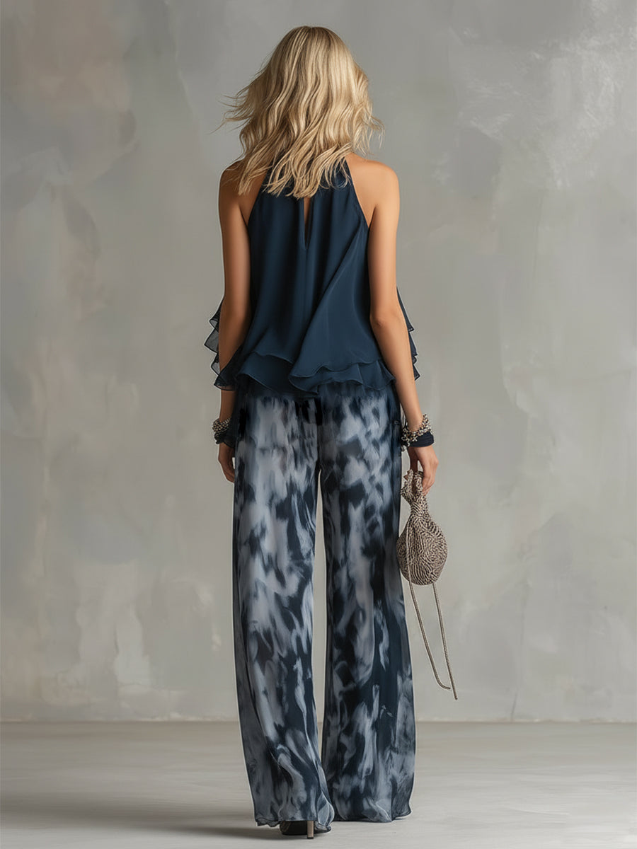 Ludovica | Stylish Navy Halter Top and Wide-Leg Printed Set | The Bellemont Sisters Australia