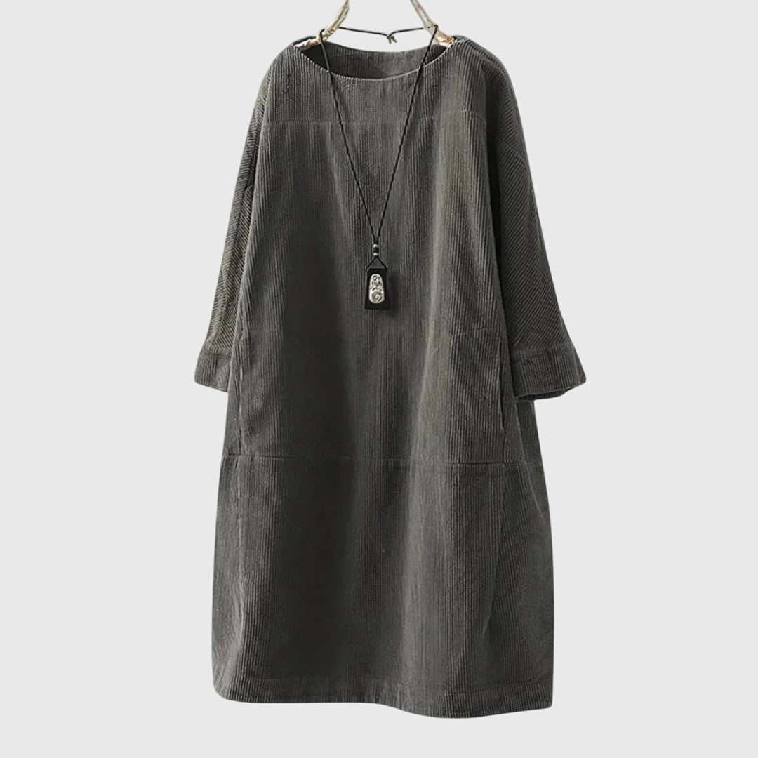 Grace | Relaxed Corduroy Midi Dress – Gray | The Bellemont Sisters Australia