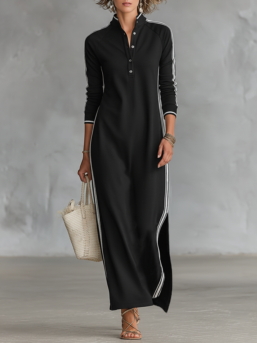 Women's Minimalist White-trimmed Button-down Collar Sweatshirt Maxi Dress – Black | The Bellemont Sisters Australia