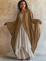 Loose And Comfortable Linen-cotton Two-piece Set: Cardigan And Sleeveless Dress – Khaki | The Bellemont Sisters Australia