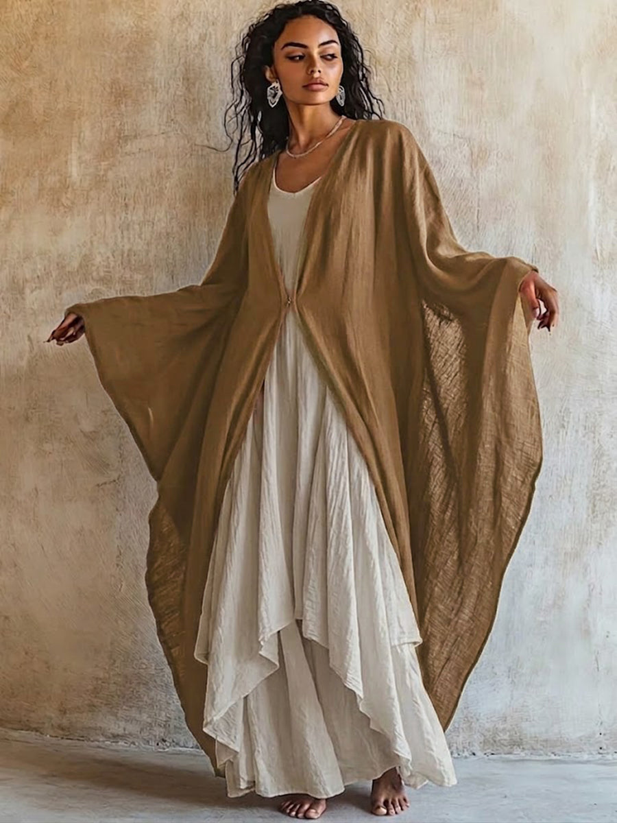 Loose And Comfortable Linen-cotton Two-piece Set: Cardigan And Sleeveless Dress – Khaki | The Bellemont Sisters Australia
