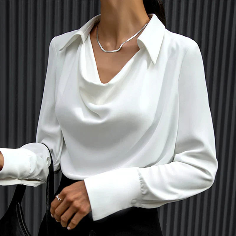 Samantha | Women’s Drape Neck Long Sleeve Satin Blouses – White | The Bellemont Sisters Australia