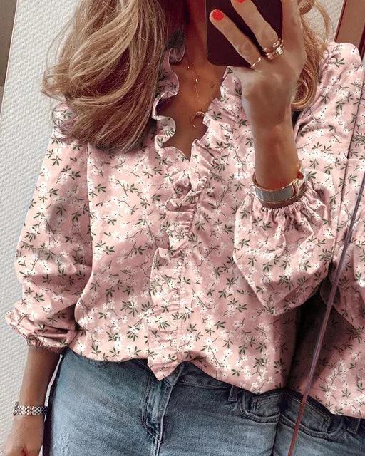 Kimberly | Women Ruffle Detail V Neck Blouse – Pink | The Bellemont Sisters Australia