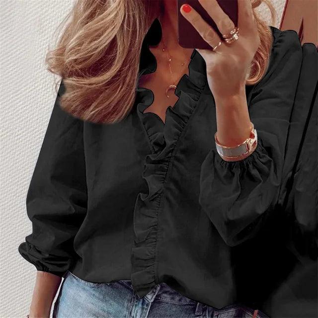 Kimberly | Women Ruffle Detail V Neck Blouse – Black | The Bellemont Sisters Australia