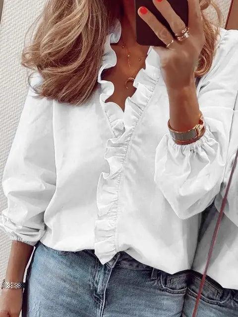 Kimberly | Women Ruffle Detail V Neck Blouse – White | The Bellemont Sisters Australia
