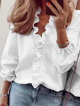 Kimberly | Women Ruffle Detail V Neck Blouse – White | The Bellemont Sisters Australia