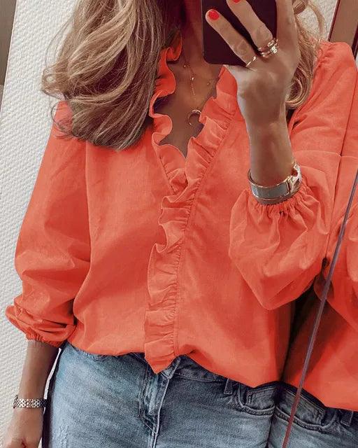 Kimberly | Women Ruffle Detail V Neck Blouse – Orange | The Bellemont Sisters Australia