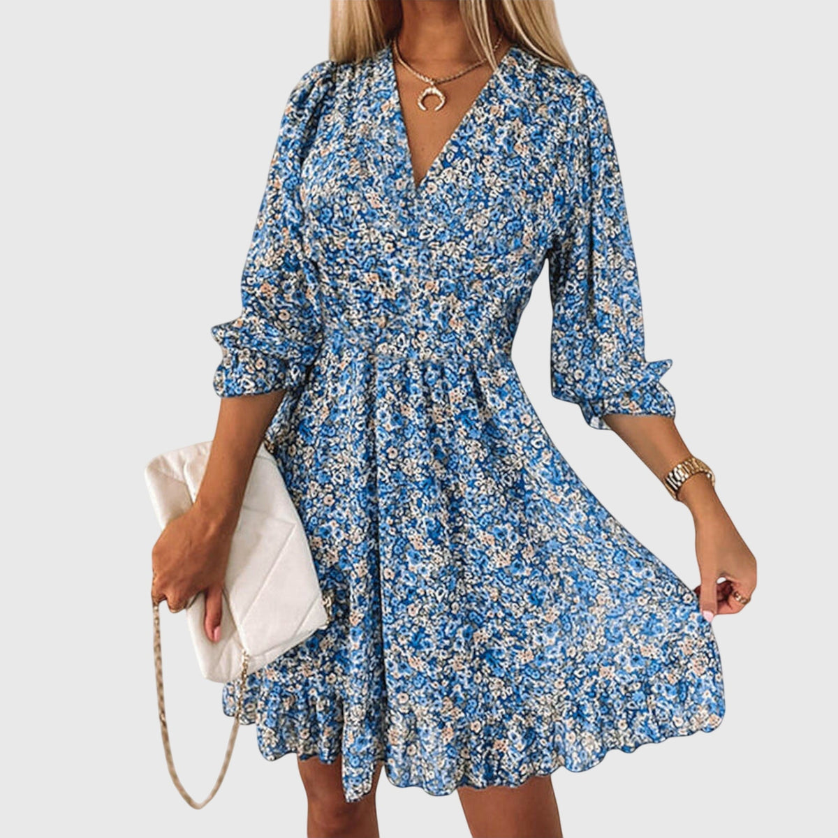 Elisa | Floral Puff Sleeve Dress – Blue | The Bellemont Sisters Australia