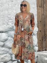 Arabella | Vibrant Pattern Midi Dress – Sandy Beige | The Bellemont Sisters Australia