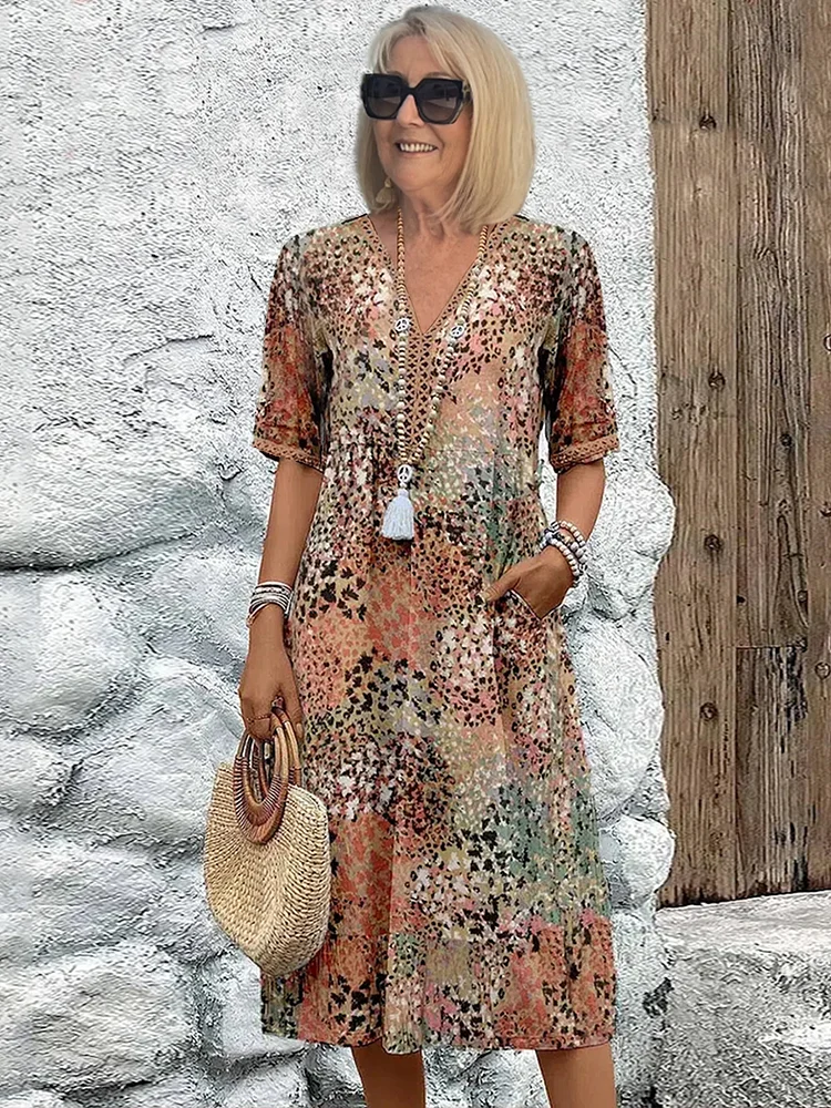 Arabella | Vibrant Pattern Midi Dress – Sandy Beige | The Bellemont Sisters Australia