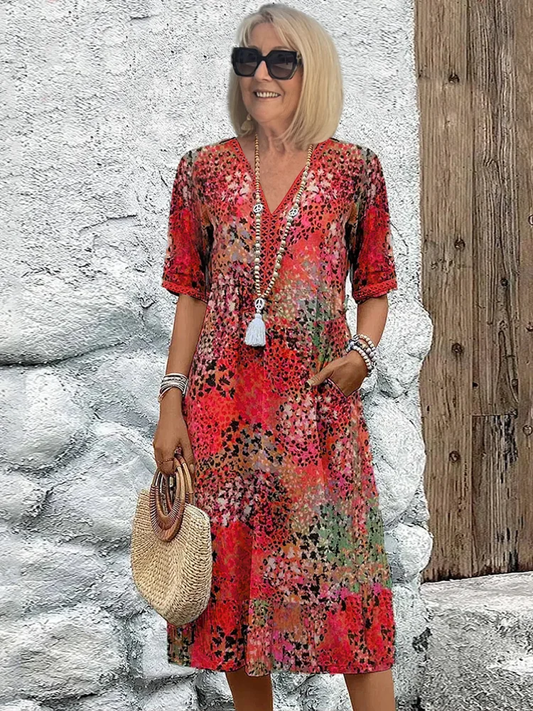 Arabella | Vibrant Pattern Midi Dress – Scarlet Red | The Bellemont Sisters Australia