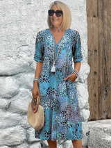 Arabella | Vibrant Pattern Midi Dress – Ocean Blue | The Bellemont Sisters Australia