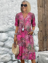 Arabella | Vibrant Pattern Midi Dress – Blush Pink | The Bellemont Sisters Australia