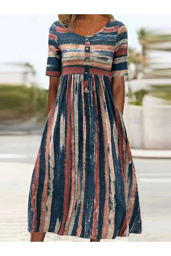 HOLLY | ELEGANT STRIPED TUMMY-COVERAGE MIDI DRESS – Multicolour | The Bellemont Sisters Australia