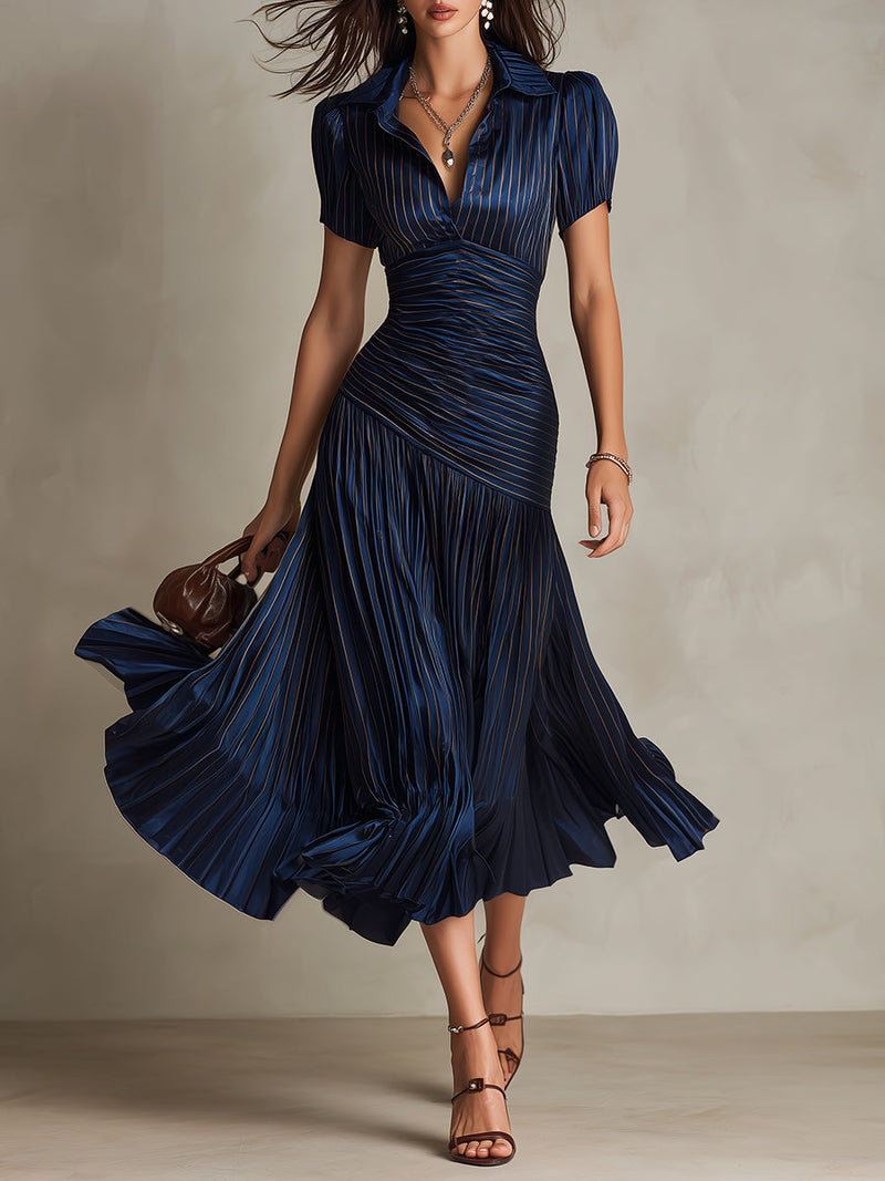 LUCIA | PLEATED STRIPED MIDI DRESS – Navy | The Bellemont Sisters Australia
