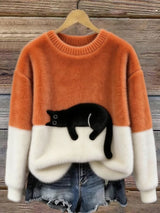 Aileen™ | Elegant Cat Print Oversized Sweater – Orange | The Bellemont Sisters Australia