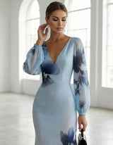 Light Blue Gradient Ink Wash Floral Chiffon V Neck Long Sleeves Maxi Dress | The Bellemont Sisters Australia