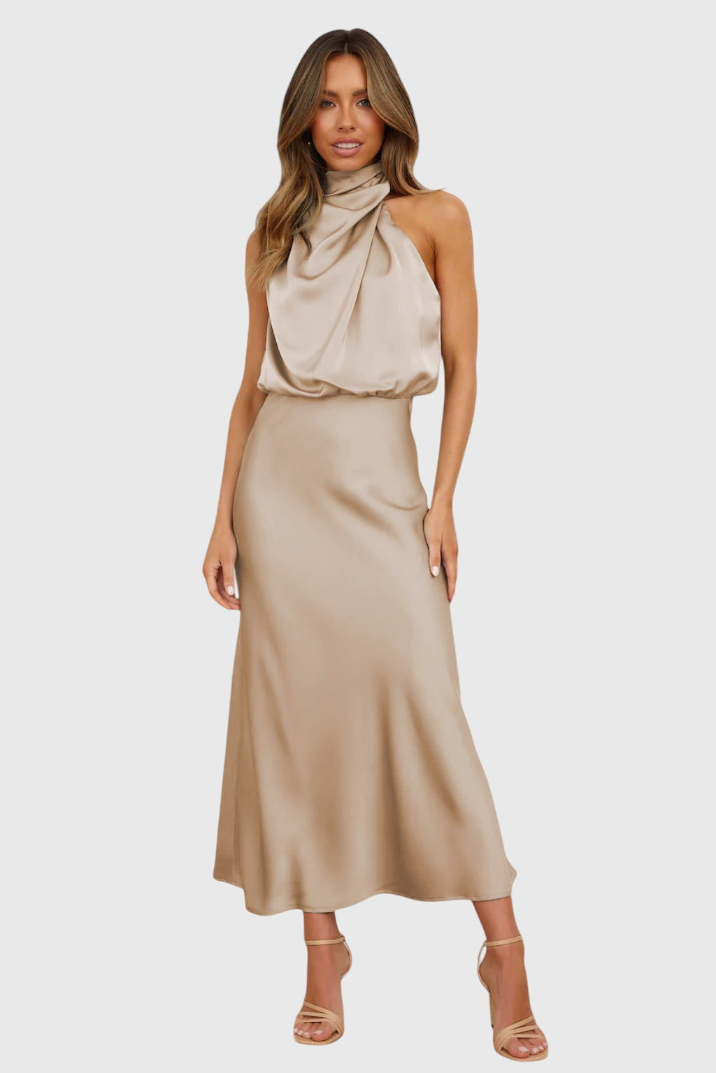 Ava | Glamorous Satin Halter Dress – Beige | The Bellemont Sisters Australia