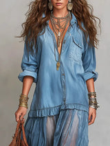 Women's Retro Lapel Denim Organza Patchwork Art Casual Maxi Dress | The Bellemont Sisters Australia