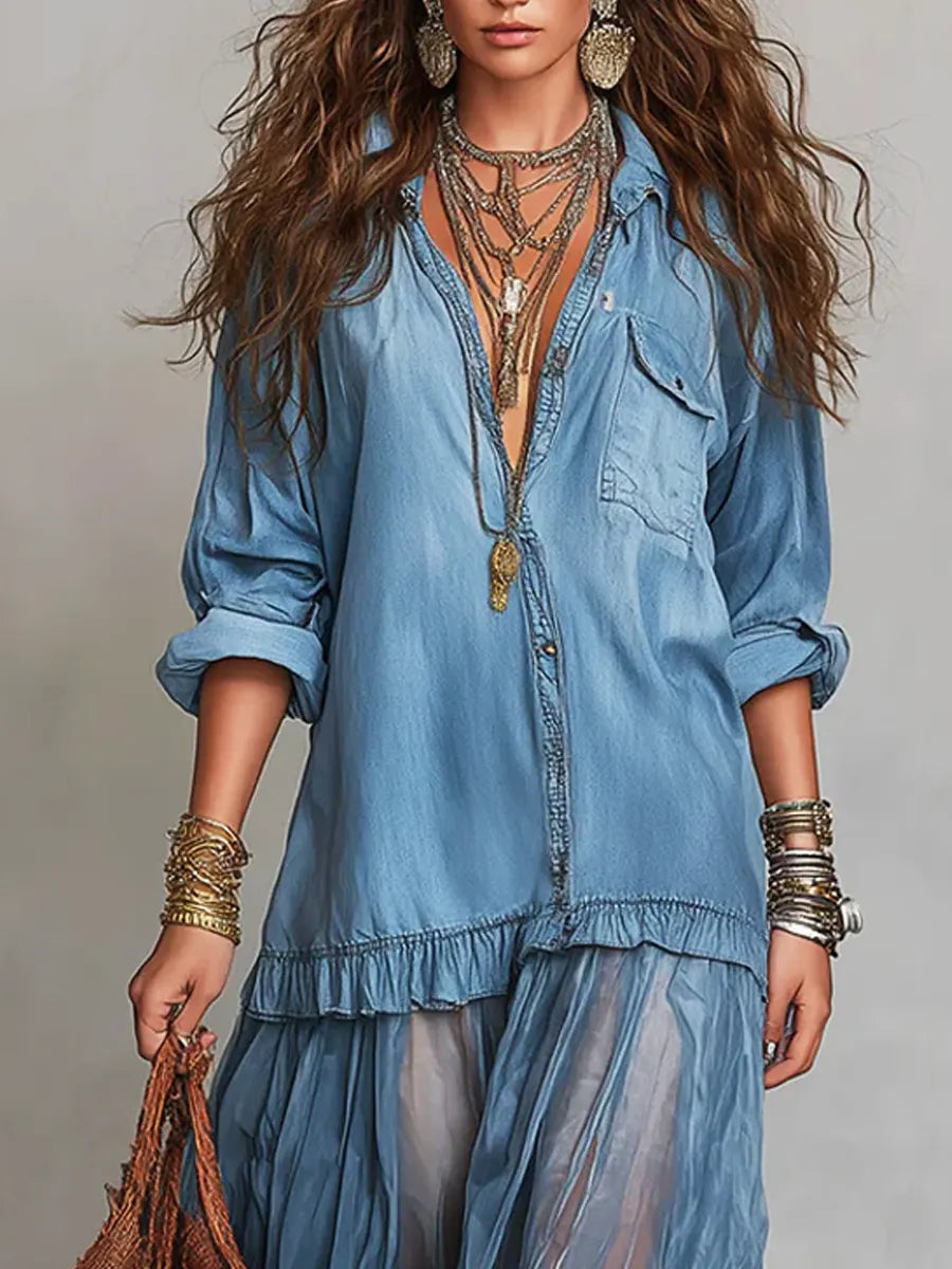Women's Retro Lapel Denim Organza Patchwork Art Casual Maxi Dress | The Bellemont Sisters Australia