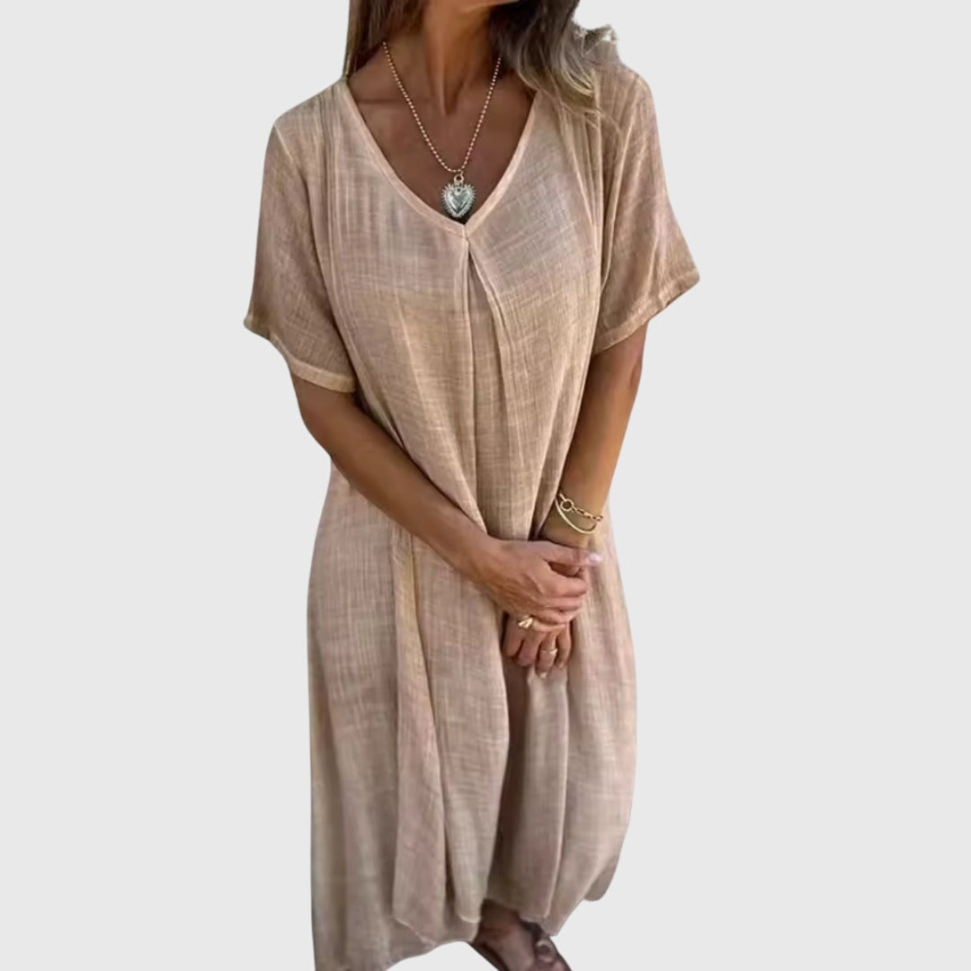 Fiona – Elegant Lightweight V-Neck Dress – Beige | The Bellemont Sisters Australia